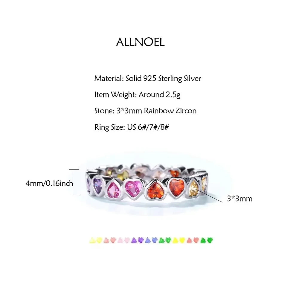 ALLNOEL 100% 925 Sterling Sliver Eternity Finger Rings for Women Rainbow Zircon Colorful CZ Engagement Wedding Band Jewelry Gift