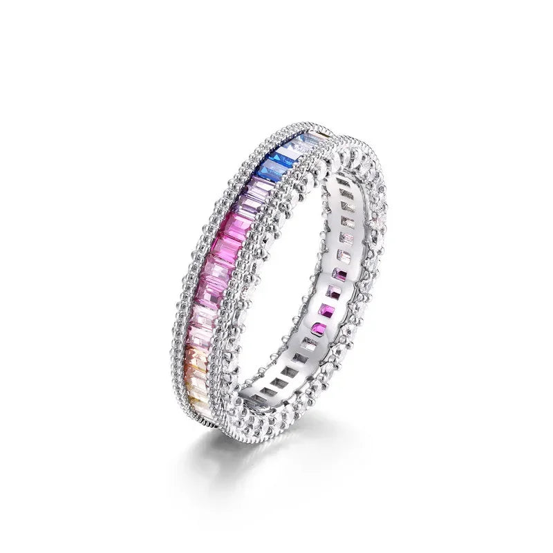 ALLNOEL 100% 925 Sterling Sliver Eternity Finger Rings for Women Rainbow Zircon Colorful CZ Engagement Wedding Band Jewelry Gift