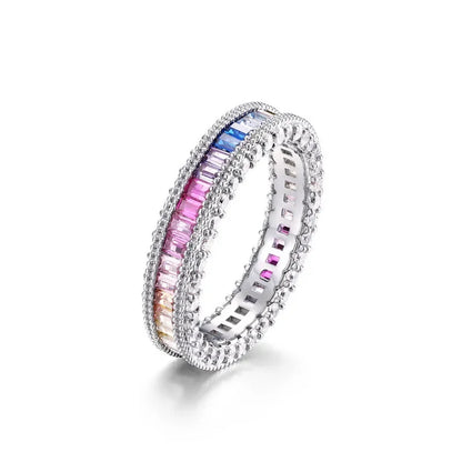 ALLNOEL 100% 925 Sterling Sliver Eternity Finger Rings for Women Rainbow Zircon Colorful CZ Engagement Wedding Band Jewelry Gift