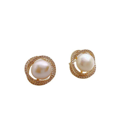 2026 New Spiral Floral Pearl Zircon Gold Color Earrings for Women Personality Fashion Simple Retro Stud Earrings Wedding Jewelry