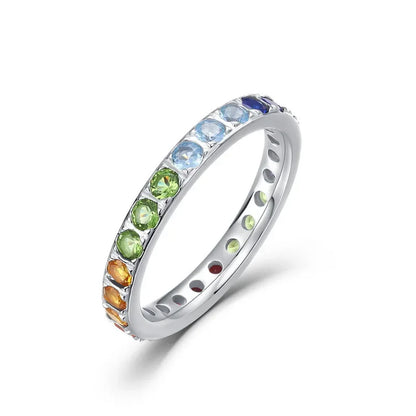 ALLNOEL 100% 925 Sterling Sliver Eternity Finger Rings for Women Rainbow Zircon Colorful CZ Engagement Wedding Band Jewelry Gift