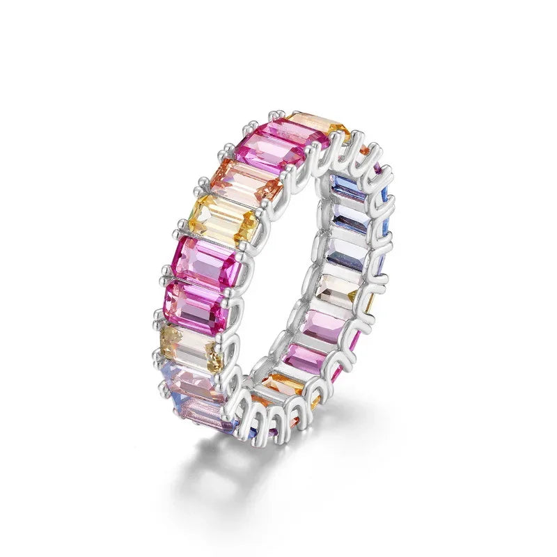 ALLNOEL 100% 925 Sterling Sliver Eternity Finger Rings for Women Rainbow Zircon Colorful CZ Engagement Wedding Band Jewelry Gift