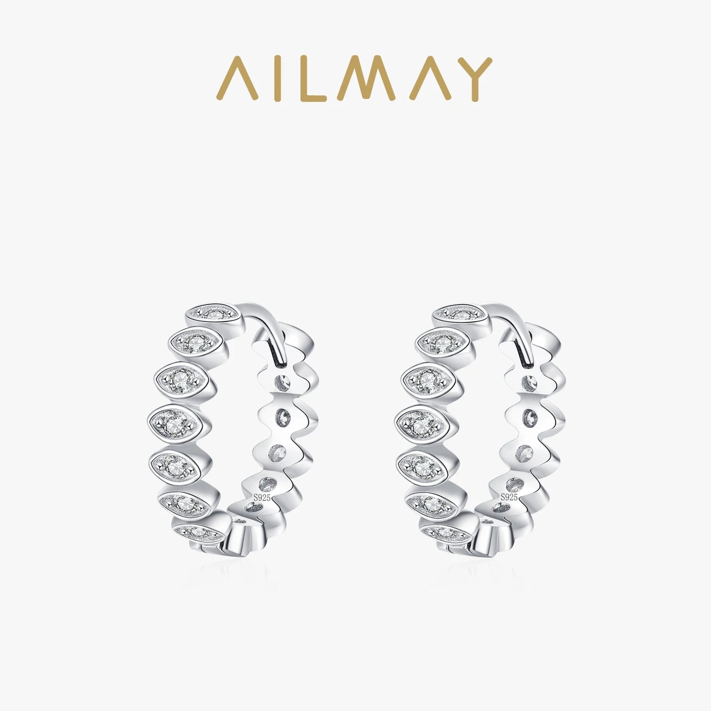Ailmay 925 Sterling Silver Luxury Lucky Eye Ear Buckles For Women Girls Shiny CZ Geometric Hoop Earrings Wedding Fine Jewelry