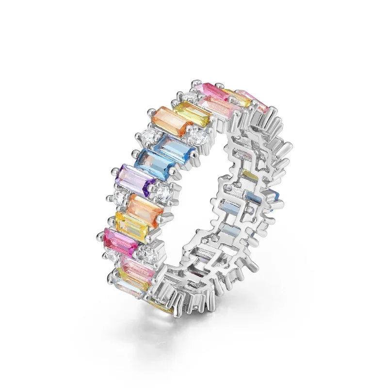 ALLNOEL 100% 925 Sterling Sliver Eternity Finger Rings for Women Rainbow Zircon Colorful CZ Engagement Wedding Band Jewelry Gift