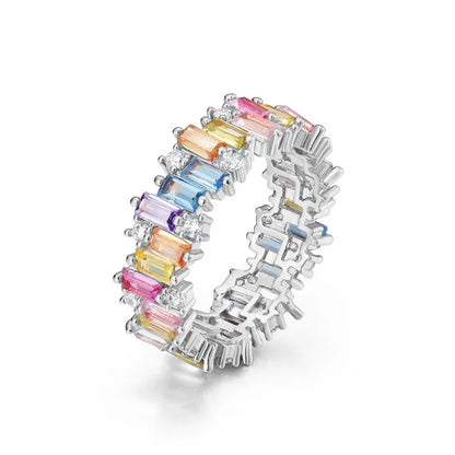 ALLNOEL 100% 925 Sterling Sliver Eternity Finger Rings for Women Rainbow Zircon Colorful CZ Engagement Wedding Band Jewelry Gift