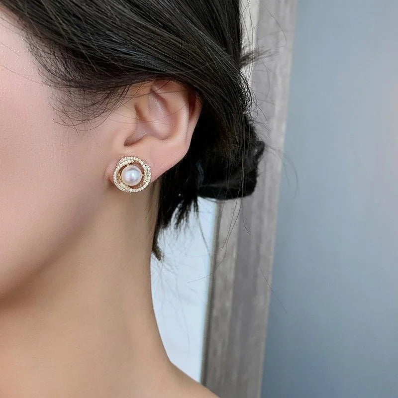 2026 New Spiral Floral Pearl Zircon Gold Color Earrings for Women Personality Fashion Simple Retro Stud Earrings Wedding Jewelry