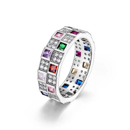 ALLNOEL 100% 925 Sterling Sliver Eternity Finger Rings for Women Rainbow Zircon Colorful CZ Engagement Wedding Band Jewelry Gift