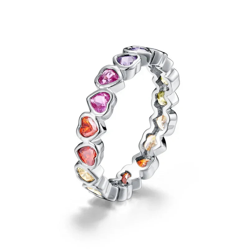 ALLNOEL 100% 925 Sterling Sliver Eternity Finger Rings for Women Rainbow Zircon Colorful CZ Engagement Wedding Band Jewelry Gift