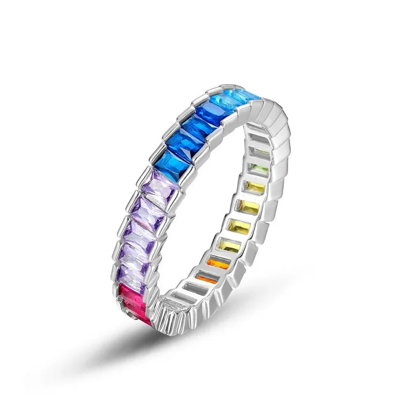 ALLNOEL 100% 925 Sterling Sliver Eternity Finger Rings for Women Rainbow Zircon Colorful CZ Engagement Wedding Band Jewelry Gift