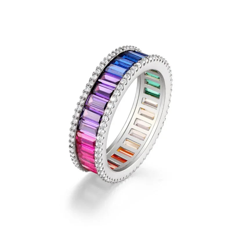 ALLNOEL 100% 925 Sterling Sliver Eternity Finger Rings for Women Rainbow Zircon Colorful CZ Engagement Wedding Band Jewelry Gift