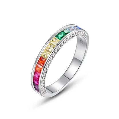 ALLNOEL 100% 925 Sterling Sliver Eternity Finger Rings for Women Rainbow Zircon Colorful CZ Engagement Wedding Band Jewelry Gift