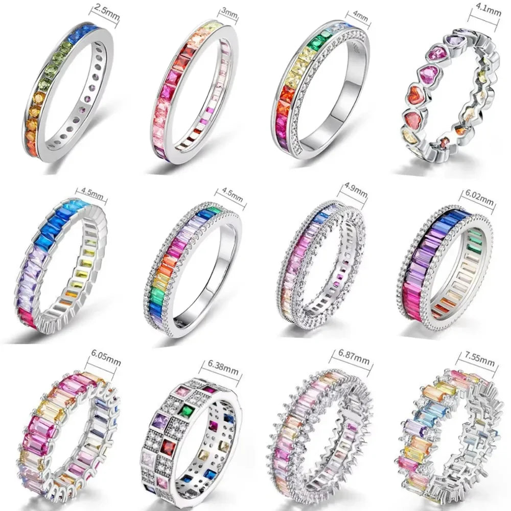 ALLNOEL 100% 925 Sterling Sliver Eternity Finger Rings for Women Rainbow Zircon Colorful CZ Engagement Wedding Band Jewelry Gift