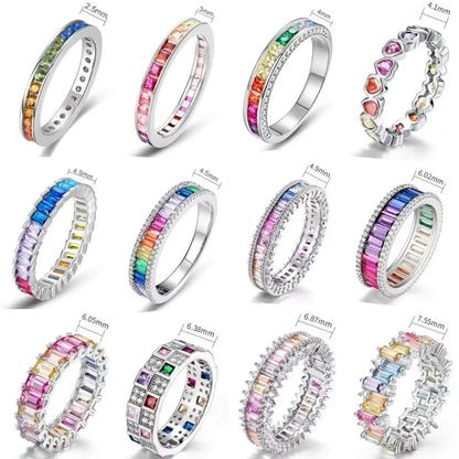 ALLNOEL 100% 925 Sterling Sliver Eternity Finger Rings for Women Rainbow Zircon Colorful CZ Engagement Wedding Band Jewelry Gift