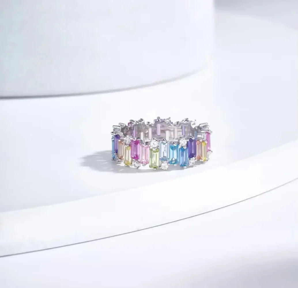 ALLNOEL 100% 925 Sterling Sliver Eternity Finger Rings for Women Rainbow Zircon Colorful CZ Engagement Wedding Band Jewelry Gift