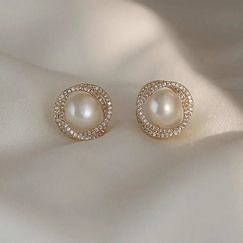 2026 New Spiral Floral Pearl Zircon Gold Color Earrings for Women Personality Fashion Simple Retro Stud Earrings Wedding Jewelry