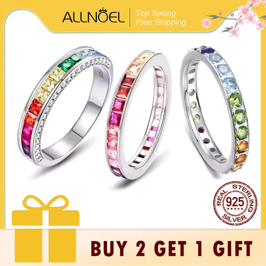 ALLNOEL 100% 925 Sterling Sliver Eternity Finger Rings for Women Rainbow Zircon Colorful CZ Engagement Wedding Band Jewelry Gift