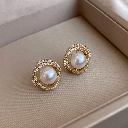 2026 New Spiral Floral Pearl Zircon Gold Color Earrings for Women Personality Fashion Simple Retro Stud Earrings Wedding Jewelry