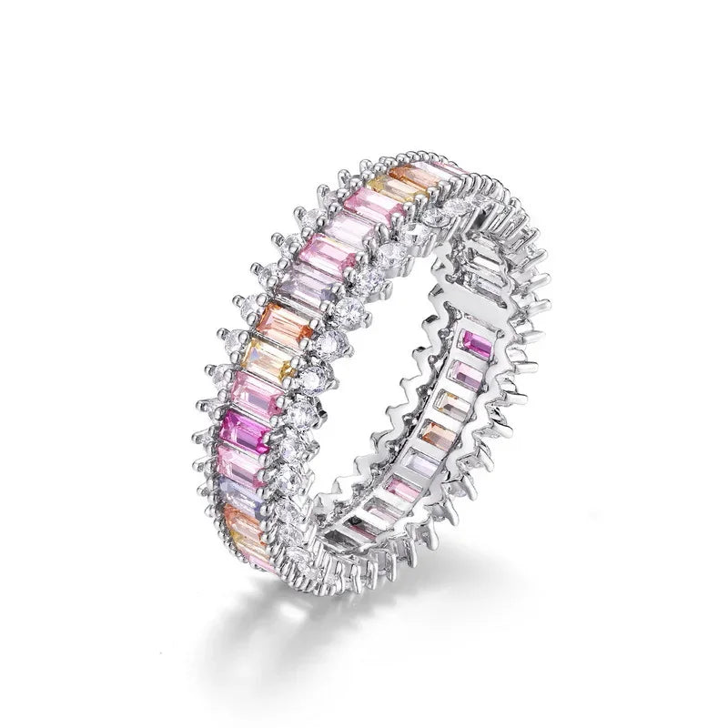 ALLNOEL 100% 925 Sterling Sliver Eternity Finger Rings for Women Rainbow Zircon Colorful CZ Engagement Wedding Band Jewelry Gift