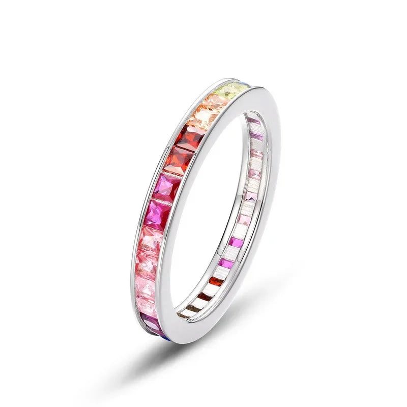 ALLNOEL 100% 925 Sterling Sliver Eternity Finger Rings for Women Rainbow Zircon Colorful CZ Engagement Wedding Band Jewelry Gift
